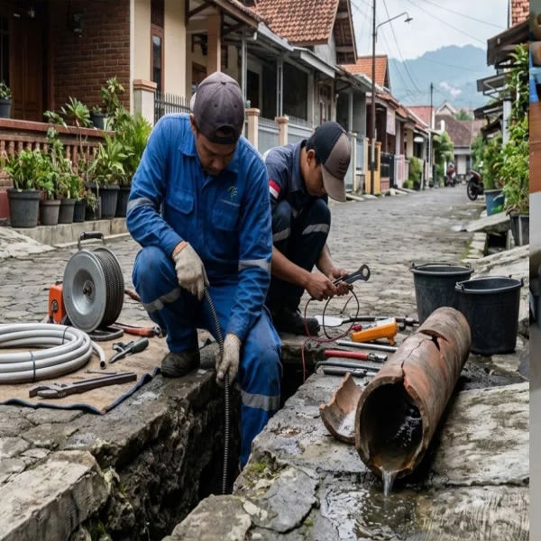Perbaikan saluran mampet pada got depan perumahan di Grabag